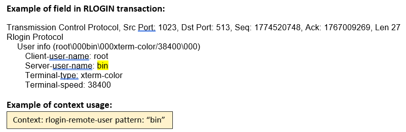 RLOGIN transaction field example with TCP details: source port, destination port, sequence and acknowledgment numbers, length. User info: Client-user-name: root, Server-user-name: bin, highlighted in yellow. Terminal-type: xterm-color, Terminal-speed: 38400. Context usage example: rlogin-remote-user pattern: bin, highlighted in beige.