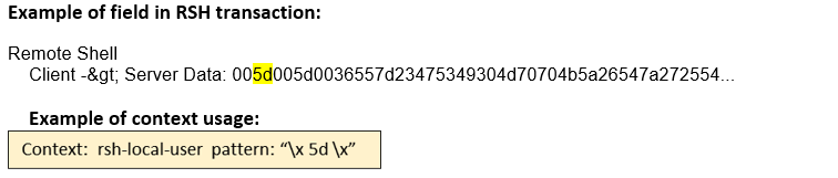 Remote Shell transaction field showing client-server data exchange with server data as hexadecimal string. Highlights pattern \x5d\x in rsh-local-user context for data parsing.