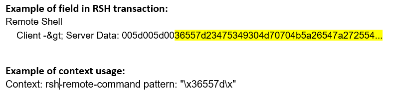 Remote Shell RSH transaction example with client to server data in hex 36557d23475349304d70704b5a26547a272554 highlighted for analysis.