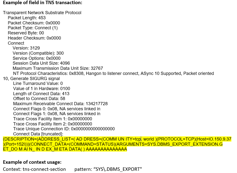 TNS transaction packet analysis showing structure and fields: 453 length, connect type, TCP host IO.150.9.37, port 1521, connect command STATUS.