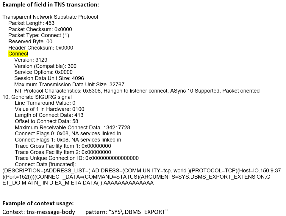 Transparent Network Substrate TNS Connect packet details with packet length, checksum, connection flags, trace info, and connection data.