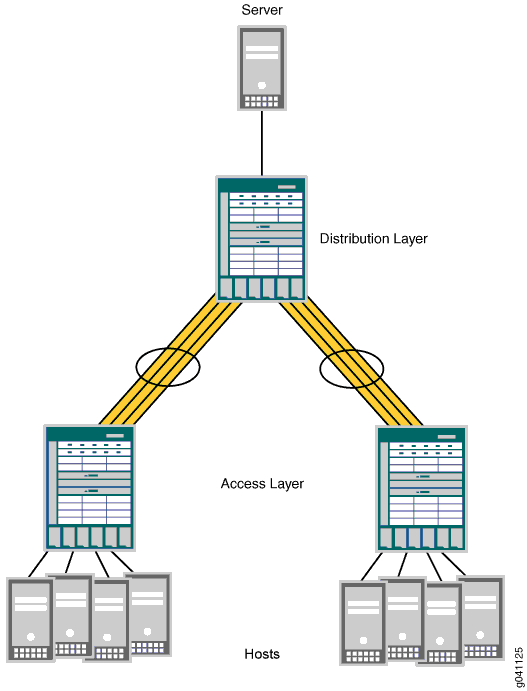 Hierarchical network design with server at top, distribution layer in middle, and access layer connecting end devices at bottom.