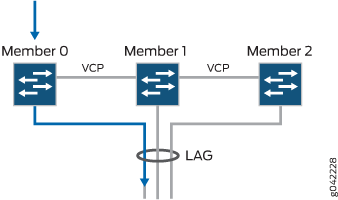 Network diagram with three members labeled Member 0, Member 1, and Member 2 connected in series via VCP. LAG connects Member 0 and Member 1.