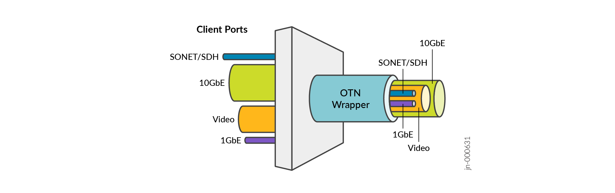 Optical Transport Network encapsulation of SONET/SDH, 10GbE, Video, and 1GbE data streams for efficient optical transmission.