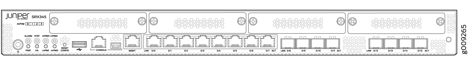 Diagram of Juniper Networks SRX345 front panel showing branding, mPIM slots, status LEDs, reset button, console and management ports, Ethernet and SFP ports.