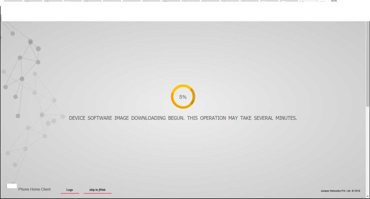 Software update screen for Juniper Networks device showing 5 percent download progress. Options: Phone Home Client, Logs, skip to JWeb.