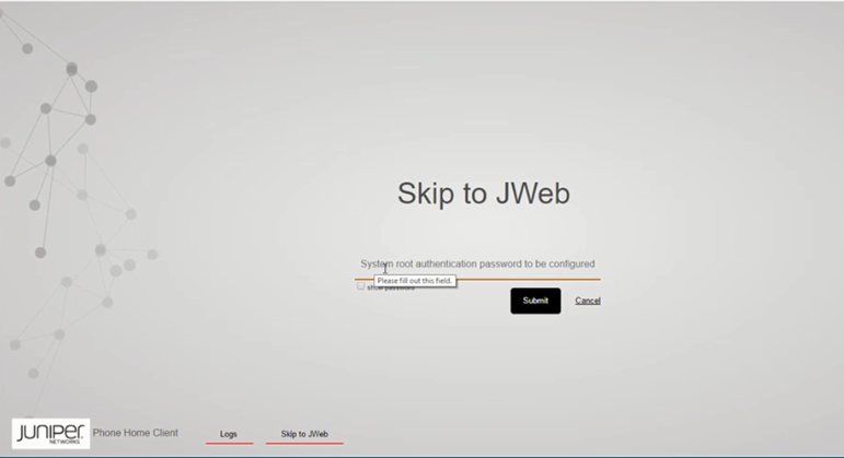 Juniper Networks JWeb interface login screen prompting system root password setup with Submit and Cancel options.