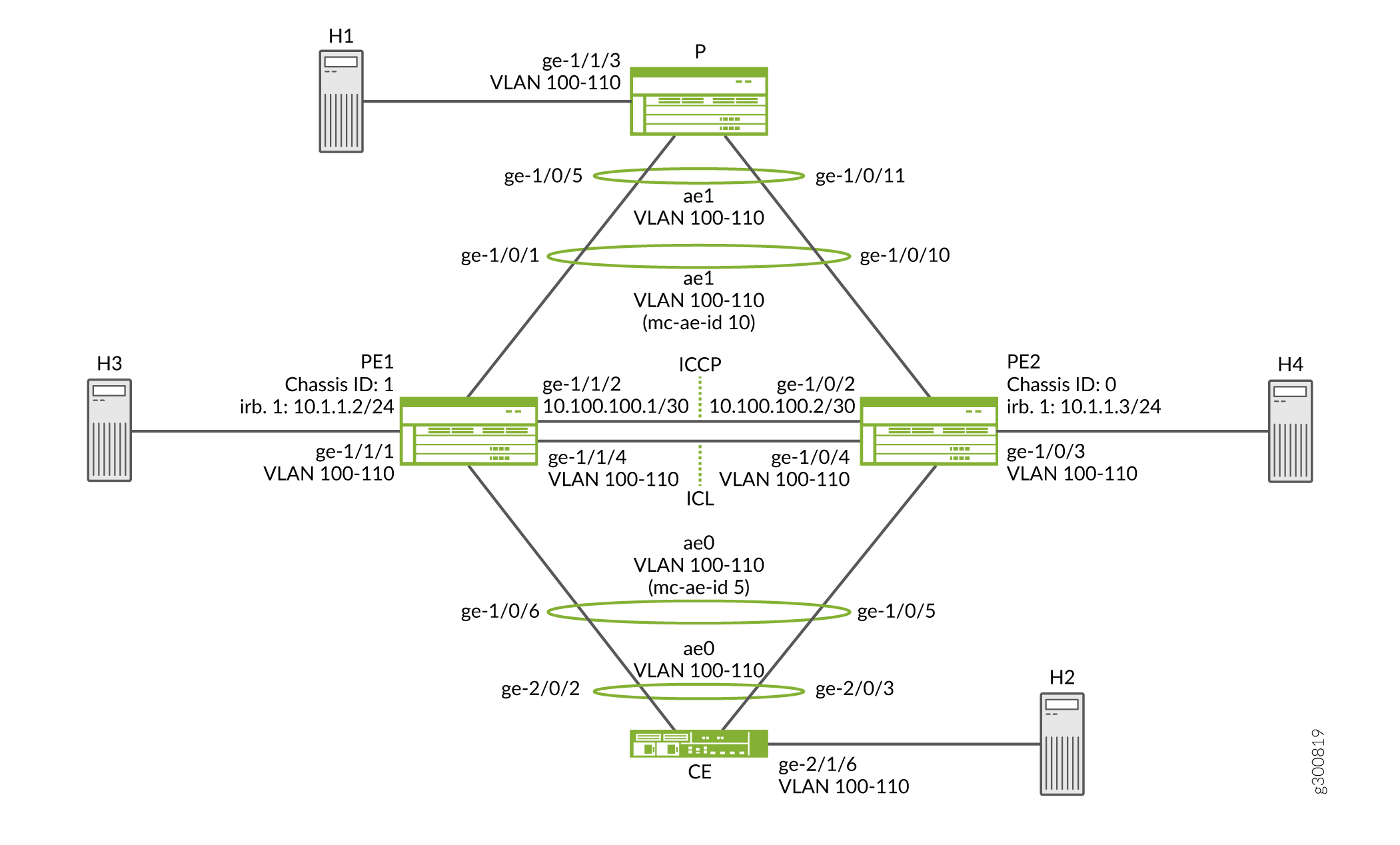 Network topology diagram of a service provider showing hosts, PE and CE devices, VLANs, and IP addresses.