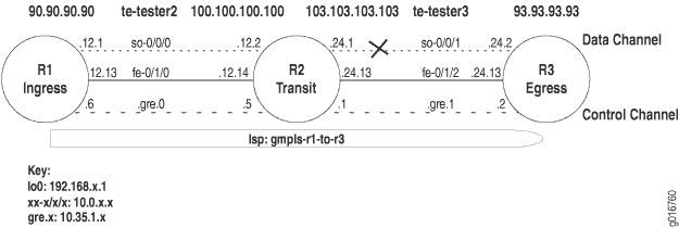 Network diagram showing GMPLS Label Switched Path setup with R1 Ingress, R2 Transit, R3 Egress, data and control channels, and IP addresses.