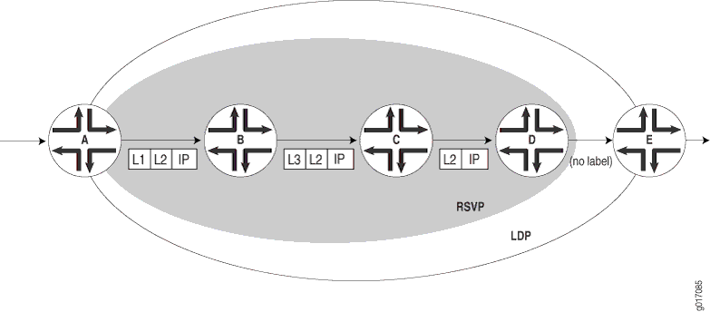 Diagram of network path from router A to E showing data flow with layers L1, L2, L3, IP and label-switched path ending at router D.
