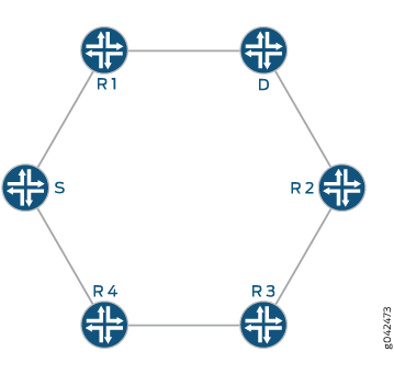 Network topology diagram showing six nodes in a hexagon: R1, R2, R3, R4, S, D. Nodes connected by lines indicating data flow.