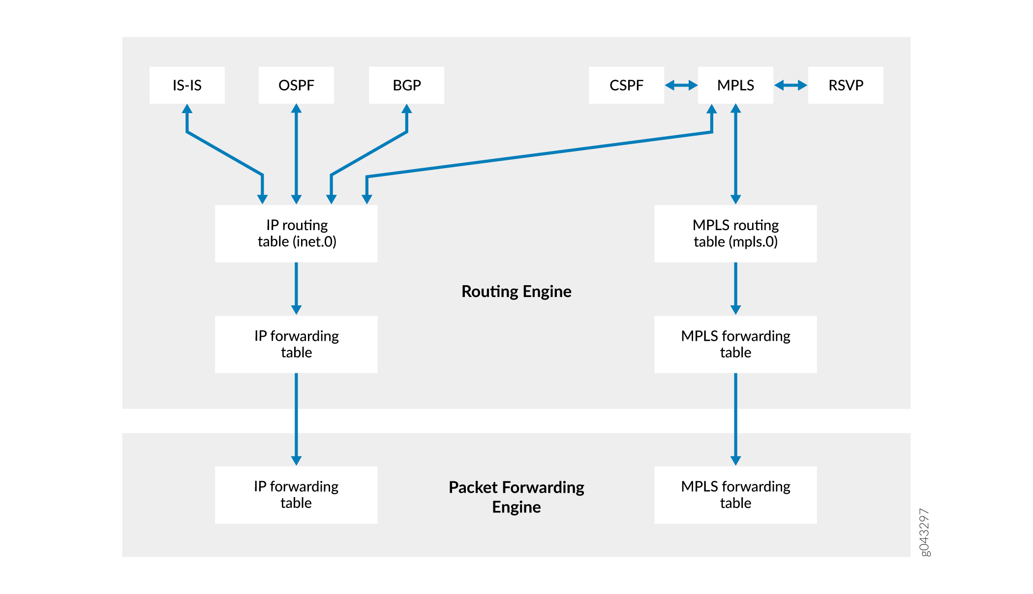 Flowchart of routing and forwarding processes in a router, showing interaction between routing protocols, routing tables, and forwarding tables for IP and MPLS traffic.