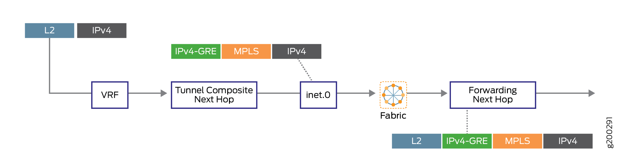 Network packet flow: L2 data link layer, IPv4 header, enters VRF, tunneling with GRE, MPLS labels, inet.0 routing, traverses fabric, forwarded to next hop.