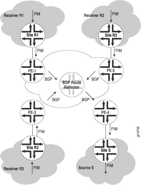 Network topology diagram showing multicast routing with Border Gateway Protocol and Protocol Independent Multicast in service provider networks.