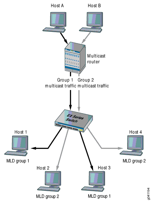 Network setup with a multicast router forwarding traffic for Group 1 and Group 2. EX Series Switch connects to Host A and B directly, Host 1 and 3 in Group 1, Host 2 and 4 in Group 2 via multicast traffic distribution.