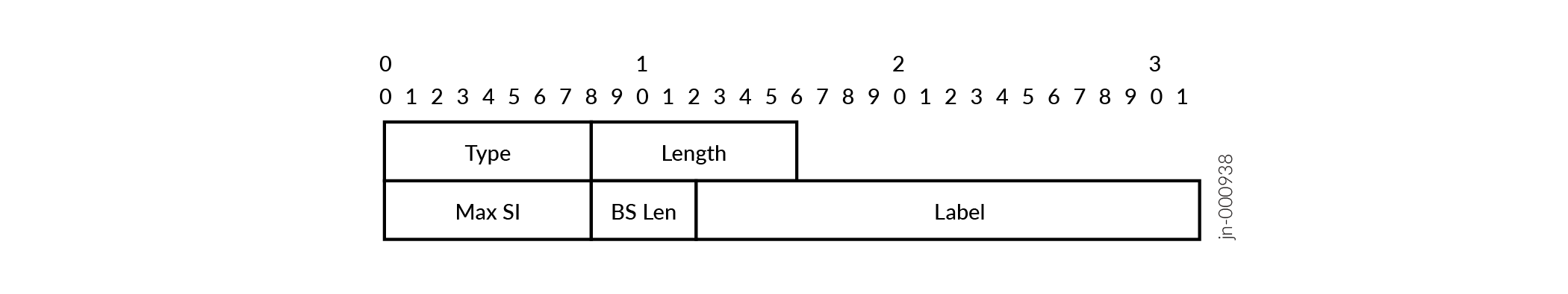 Data structure with fields: Type, Length, Max SI, BS Len, and Label. Numbers 0-31 indicate bit positions across 4 bytes.