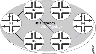 Network topology diagram showing six routers R1 to R6 with outer data connections and inner voice connections.