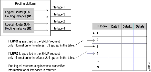 Routing platform with logical routers LR and instances R1, R2; SNMP requests filter interface data by router instance.