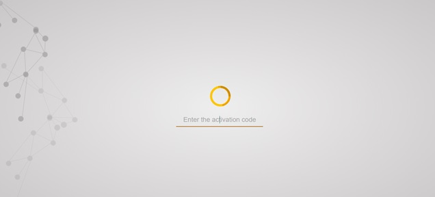 Enter the activation code screen with a yellow circular icon and network pattern on the left.