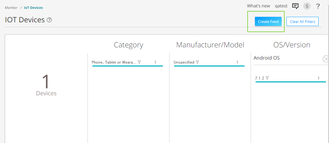 IoT device dashboard showing 1 connected Android device version 7.1.2 with options to create feed and clear filters.