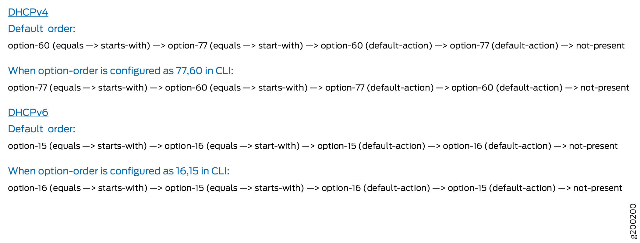DHCP configuration options showing the default and custom order for DHCPv4 and DHCPv6 options.
