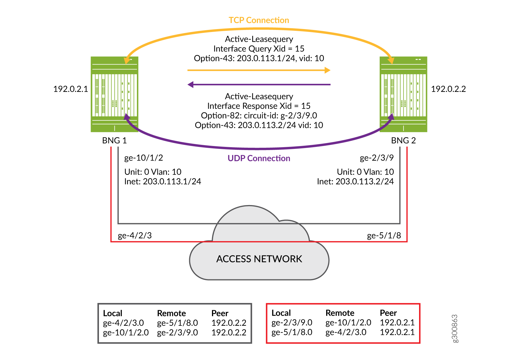 Network diagram showing connections between Broadband Network Gateways BNG 1 and BNG 2. TCP and UDP connections detailed with IP addresses, interfaces, and VLANs.