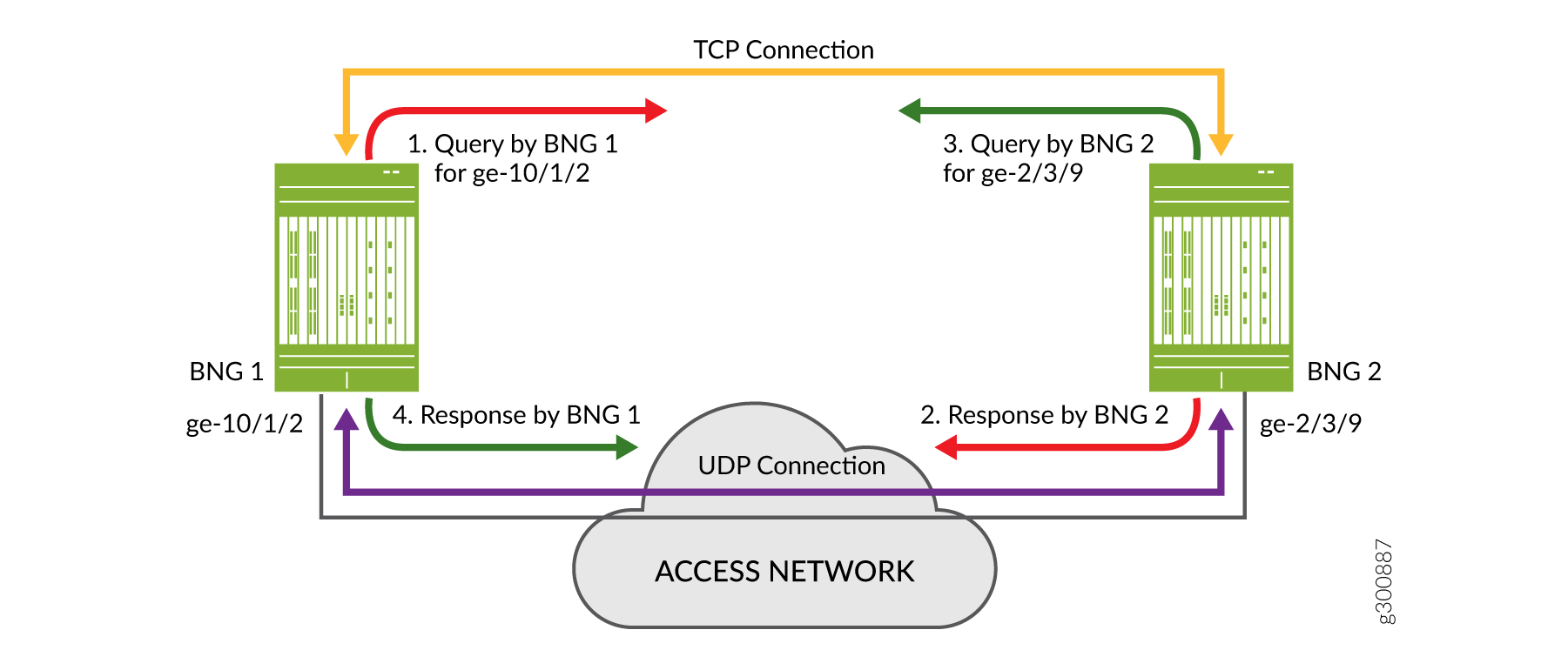 Network diagram showing interactions between BNG 1 and BNG 2 via TCP connections for queries and responses, and UDP connection with access network.