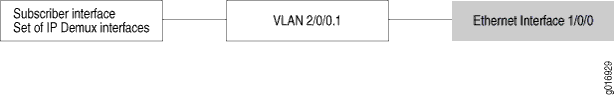 Network diagram showing subscriber interfaces connected through VLAN 2/0/0.1 to Ethernet interface 1/0/0.