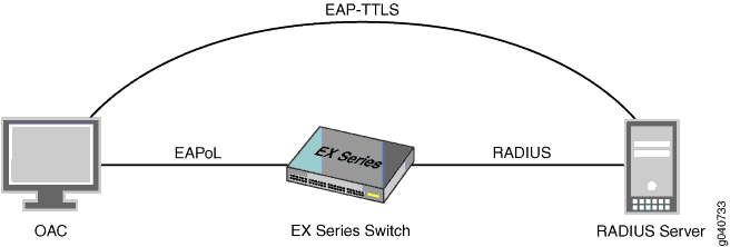 Network authentication setup using 802.1X protocol with client using EAP-TLS, EX Series Switch as authenticator, and RADIUS server for credential validation.