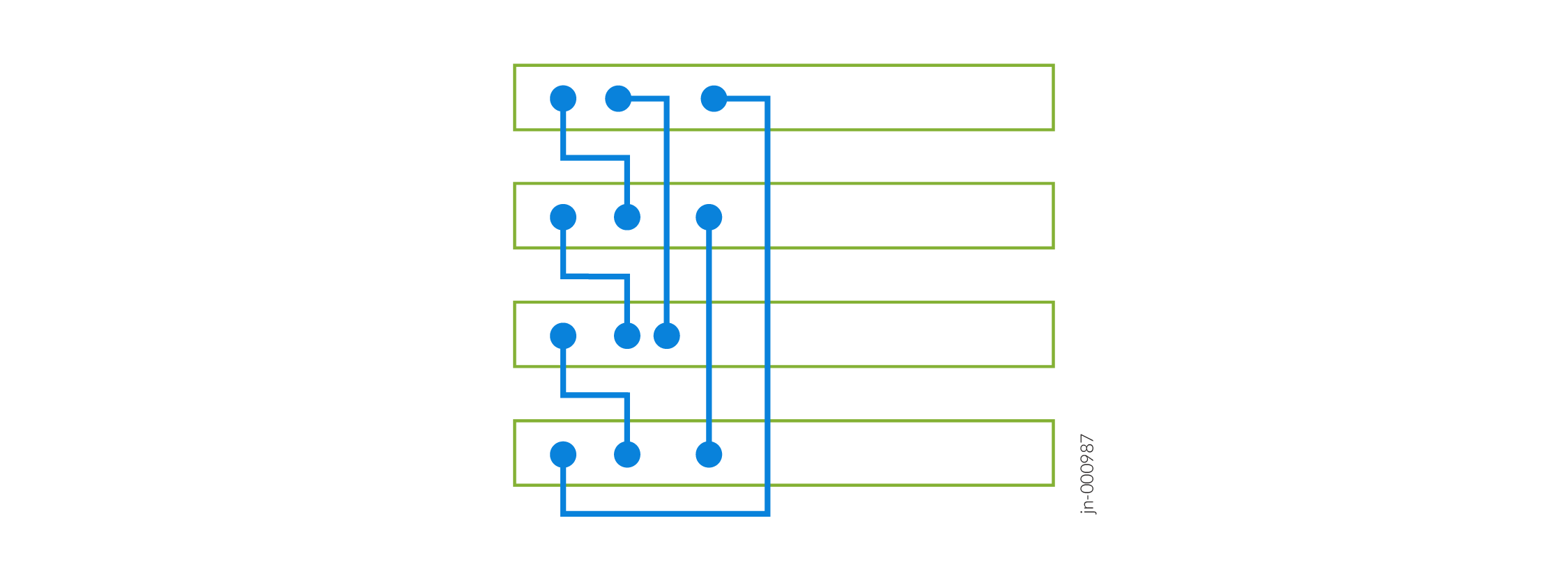 Abstract circuit diagram with blue lines and dots representing electrical connections and green rectangles as components or system layers.