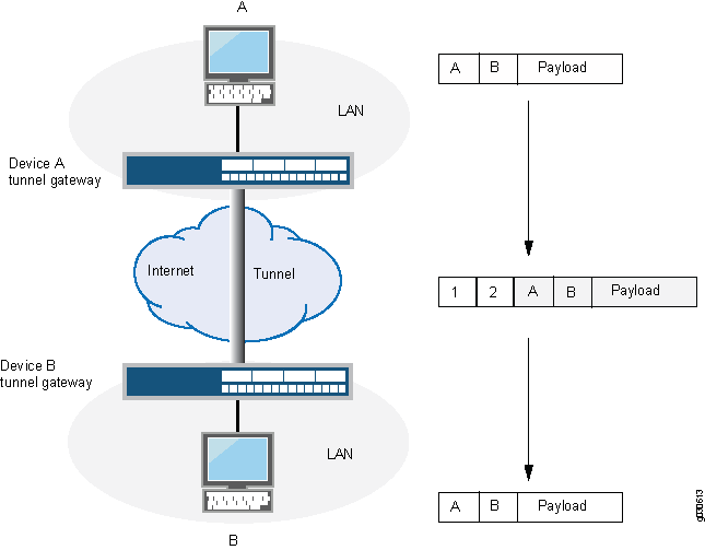 Network communication process with tunneling for VPNs: Two LANs connected via a secure internet tunnel. Data is encapsulated for secure transmission.