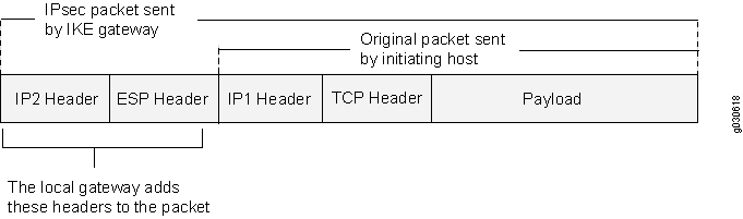 Structure of an IPsec packet sent by an IKE gateway, showing added IP2 and ESP headers by the gateway, and original IP1 header, TCP header, and payload from the initiating host.
