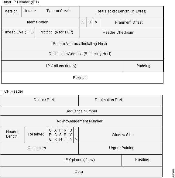 Structure of an IP header and a TCP header showing fields like version, header length, source and destination addresses, ports, sequence number, flags, and payload encapsulation.