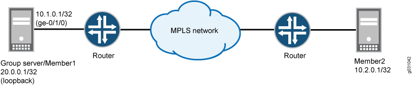 Network topology with MPLS: Two servers labeled Group owner/member1 and Member2 with routers connected to an MPLS network cloud.