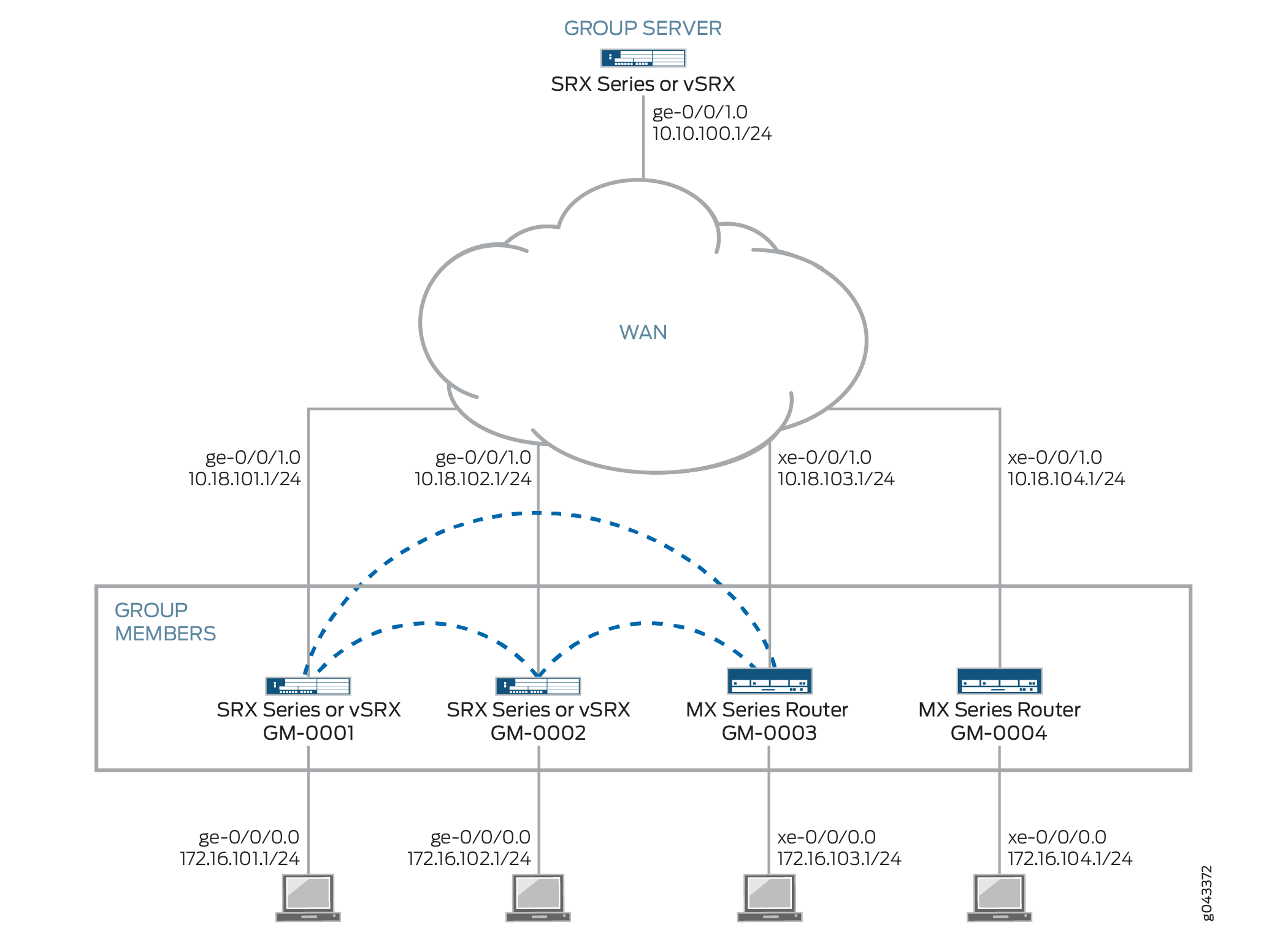 Network topology diagram with a Group Server connecting to WAN and four Group Members. Each member has unique IPs for WAN and local network interfaces. Dashed lines indicate communication between members.