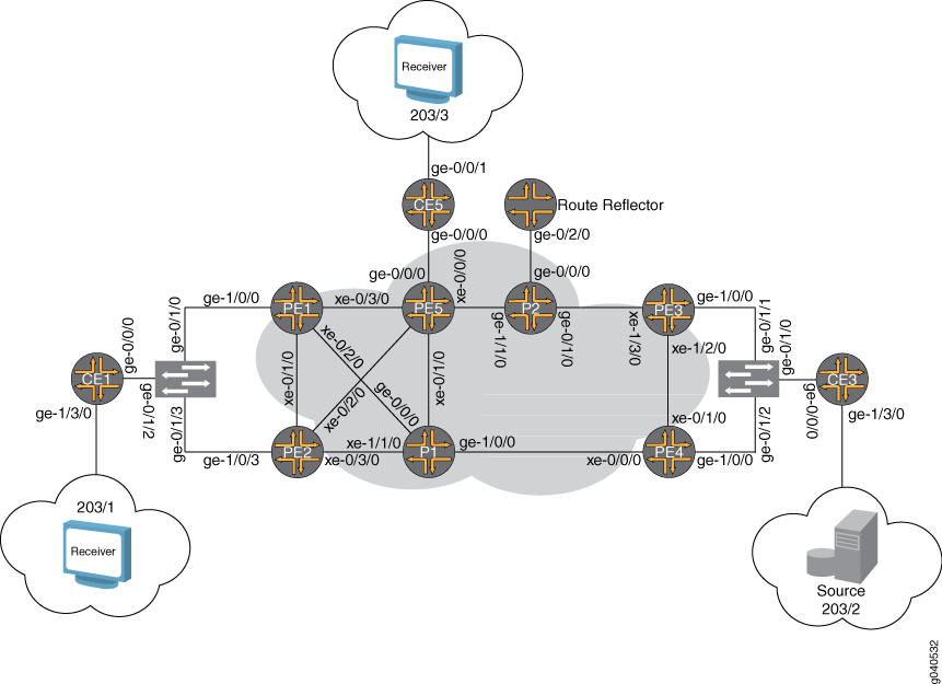 Network topology diagram of a service provider network with labeled clouds Receiver and Source, CE and PE routers, a Route Reflector, and connections.