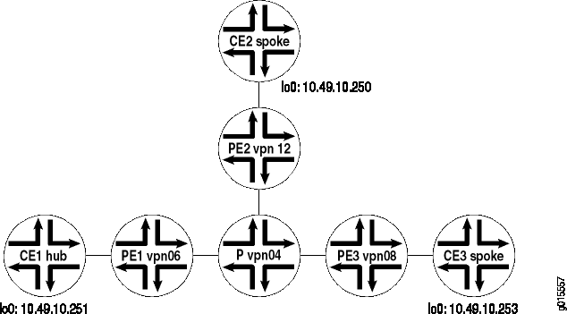 Network topology diagram depicting a VPN setup with CE and PE devices in a hub-and-spoke configuration.