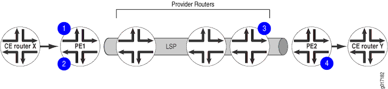 Network topology diagram showing data flow in an MPLS network between CE Router X, PE1, LSP path, PE2, and CE Router Y.
