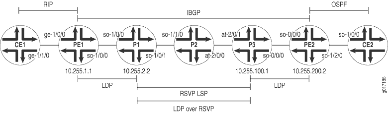 Network topology diagram of a service provider MPLS network showing CE and PE routers, core P routers, and MPLS LSP. CE1 uses RIP with PE1, CE2 uses OSPF with PE2. Core uses RSVP-TE for MPLS LSP.
