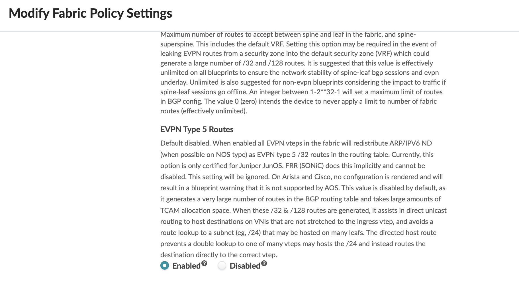 Fabric Setting to Enable Host Specific IP Routes