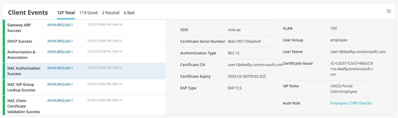 Screenshot of Juniper Mist Access Assurance showing client network access control events