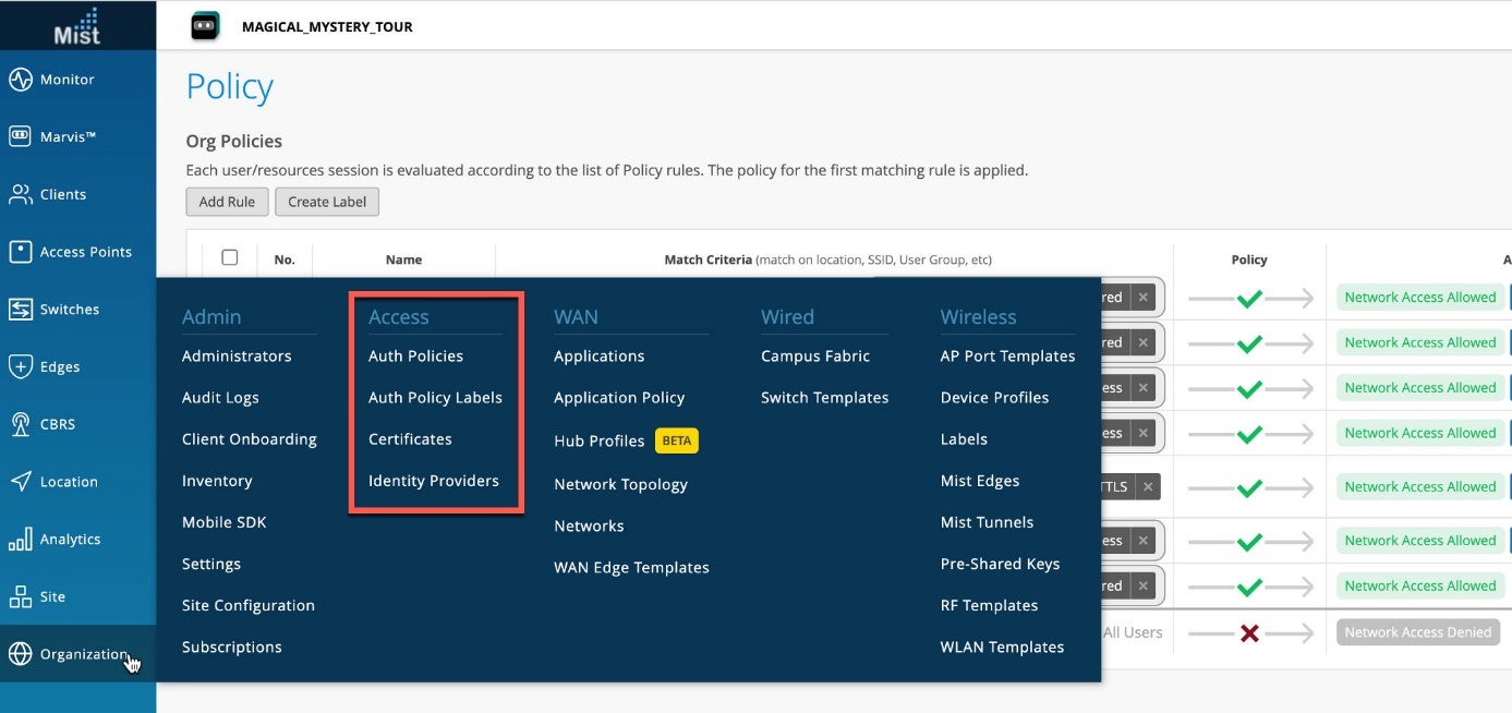 Screenshot of Juniper Mist Access Assurance showing