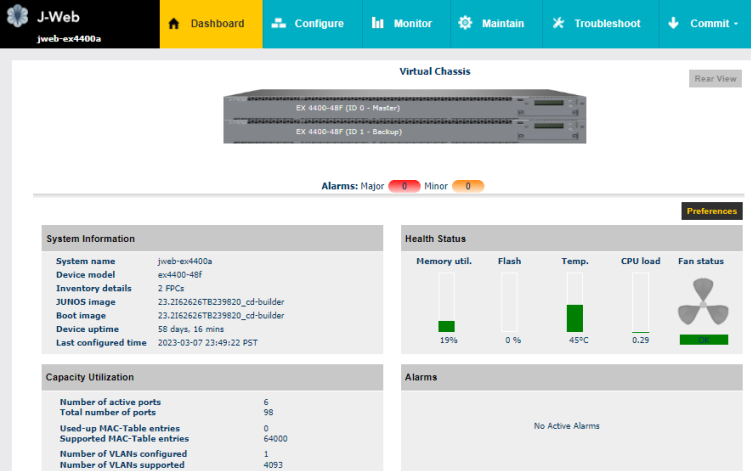 Example of the J-Web Dashboard Tab