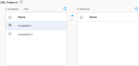 User interface for selecting URL patterns. Available panel lists URL patterns newpattern and newpattern1, with newpattern selected. Selected panel is empty. Arrows indicate functionality to move patterns between panels.
