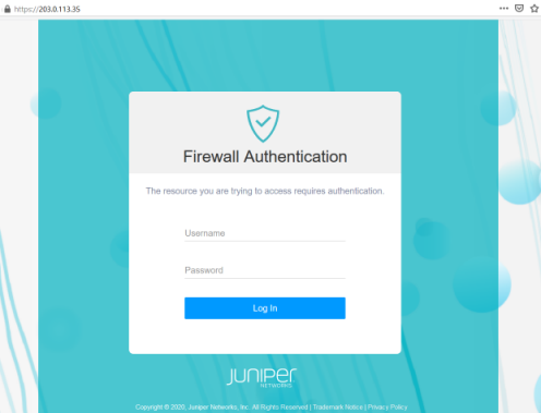 Firewall Authentication login page by Juniper Networks with fields for username and password, blue background, and Log In button.