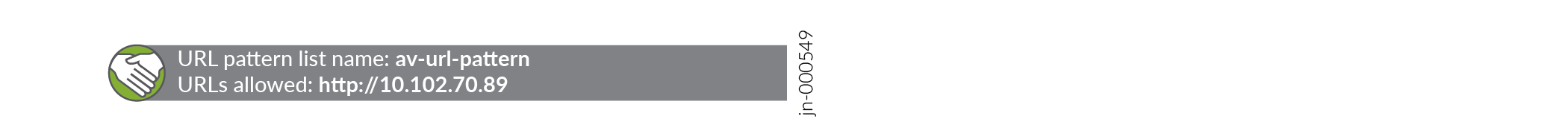 Circular icon with handshake symbol; URL pattern list name: av-url-pattern; URLs allowed: http://10.102.70.89; vertical text: jn-000549.
