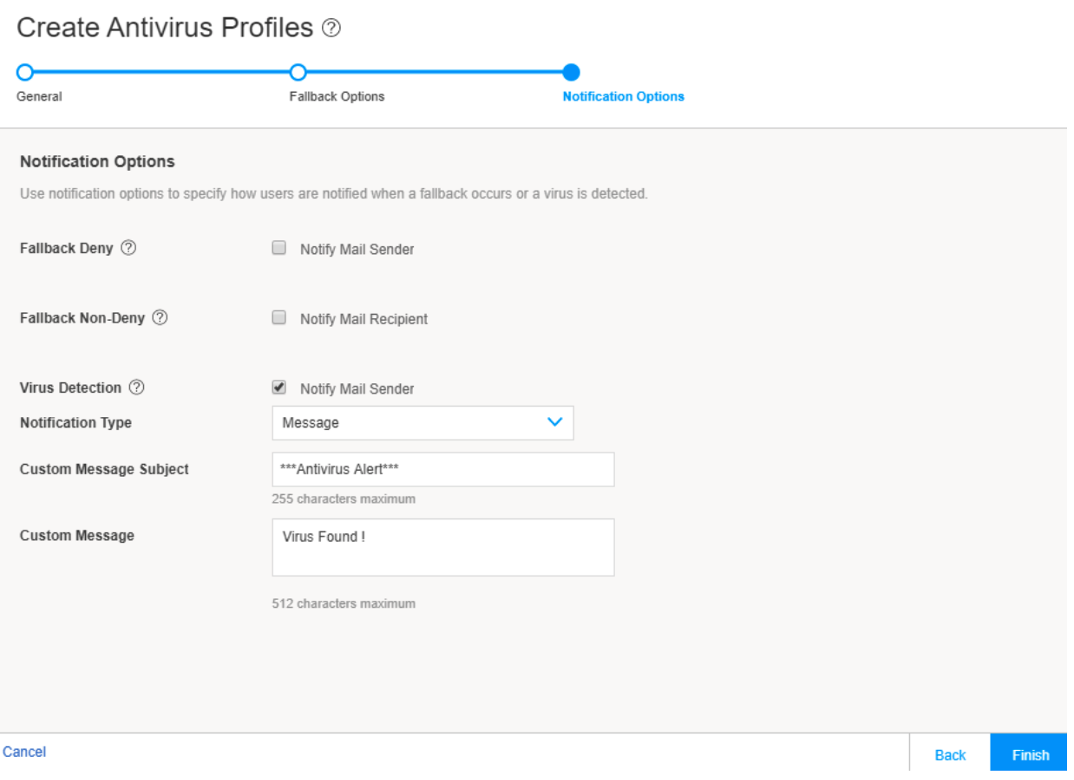 Configuration screen for antivirus profile notifications: options to notify sender or recipient on fallback or virus detection. Custom message fields available. Finish button highlighted.