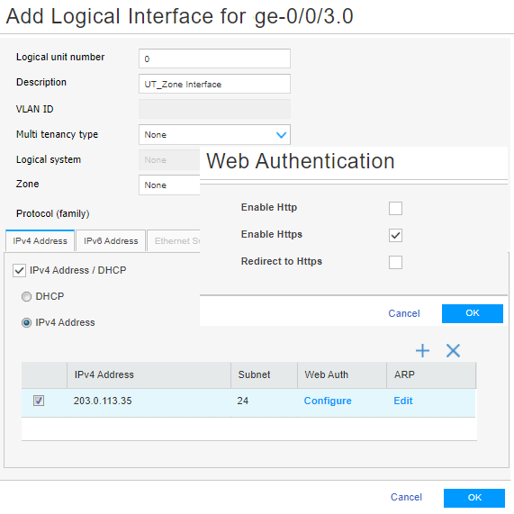 Configuration interface for adding logical interface ge-0/0/3.0 with IPv4 address 203.0.113.35/24 and enabled HTTPS.
