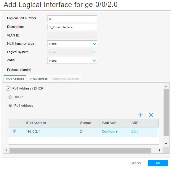 Configuration interface for adding logical interface to ge-0/0/2.0 with IPv4 address 192.0.2.1/24, labeled T_Zone Interface.