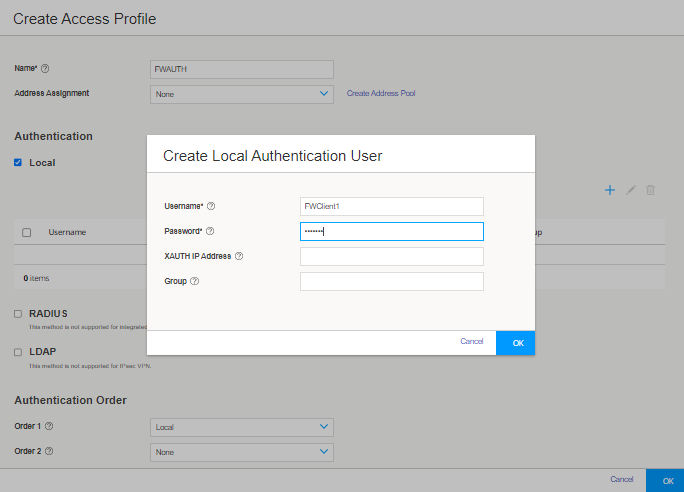 Software interface for creating an access profile with options for local, RADIUS, and LDAP authentication. Pop-up for local authentication user entry, username FWClient1 filled.